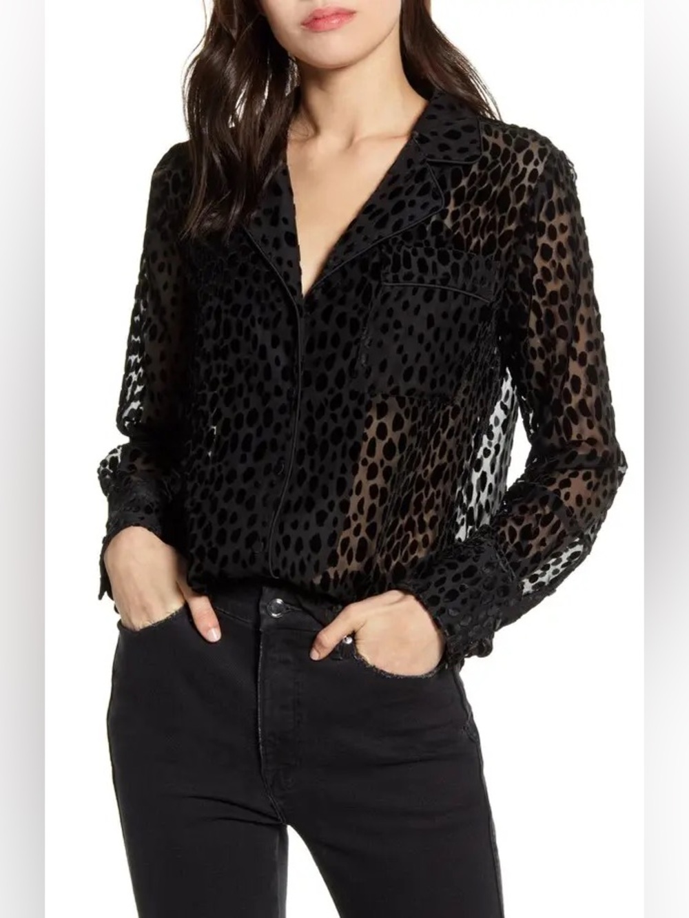 Good American Leopard Velvet Burnout Sheer Button Down Shirt Black Size 1